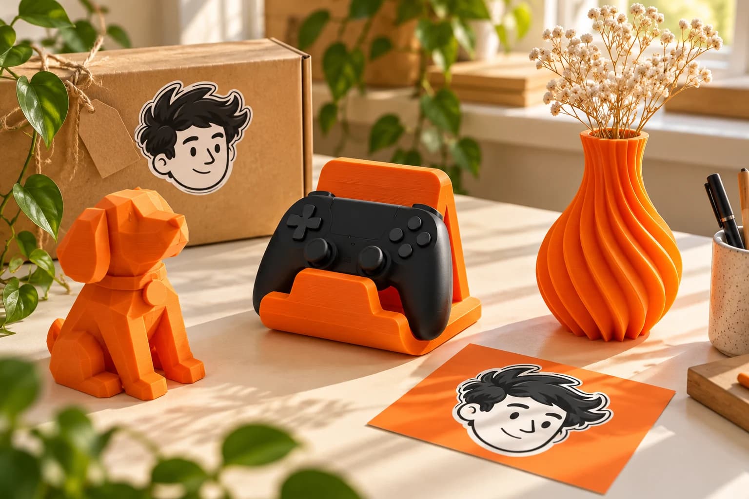 A pet keepsake, gaming accessory and orange decoration beside a FRED card.