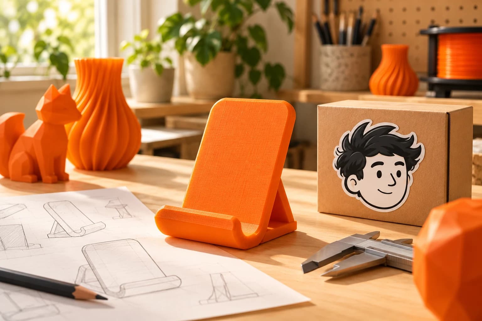 An orange stand prototype, a caliper and a FRED sample box on a workbench.
