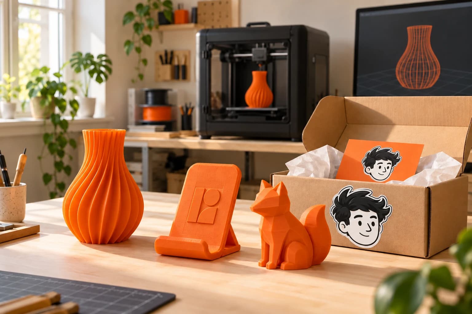 Objets orange imprimés en 3D, modèle numérique et colis portant la tête de FRED.