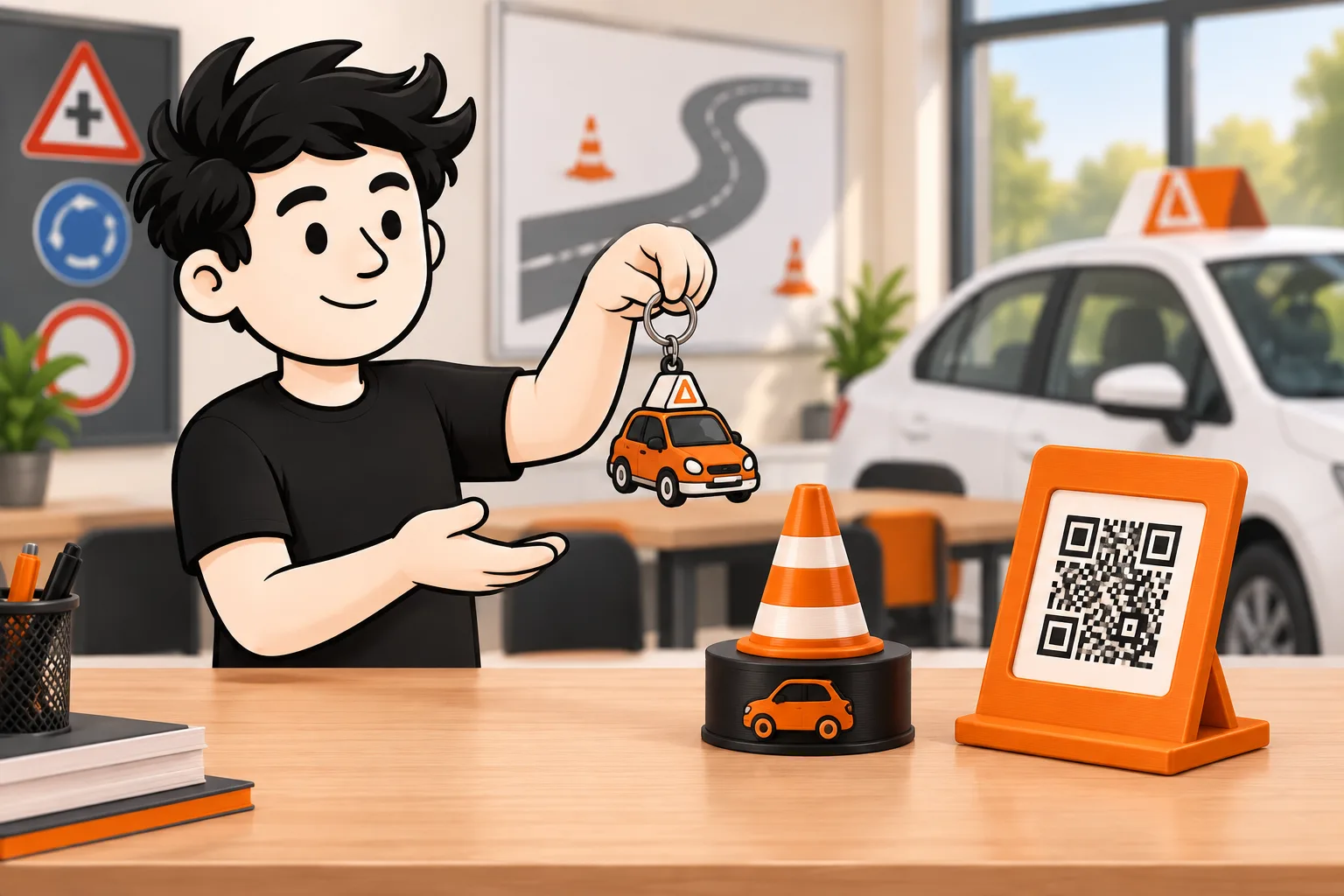 FRED presents several custom products designed for a driving school.
