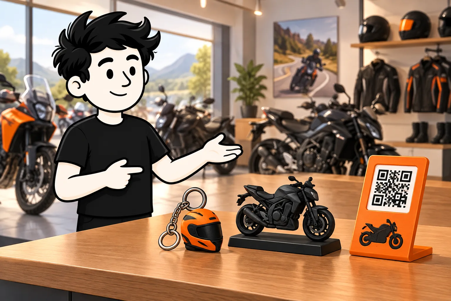FRED presents several custom products designed for a motorcycle dealership.