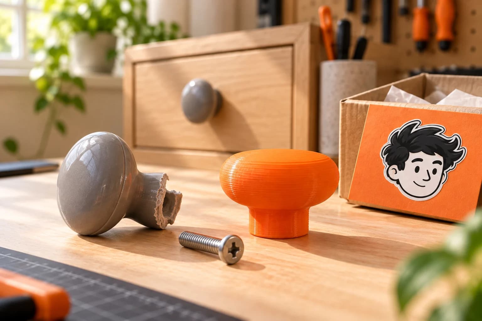 A broken cabinet knob, metal screw and orange replacement next to a drawer.