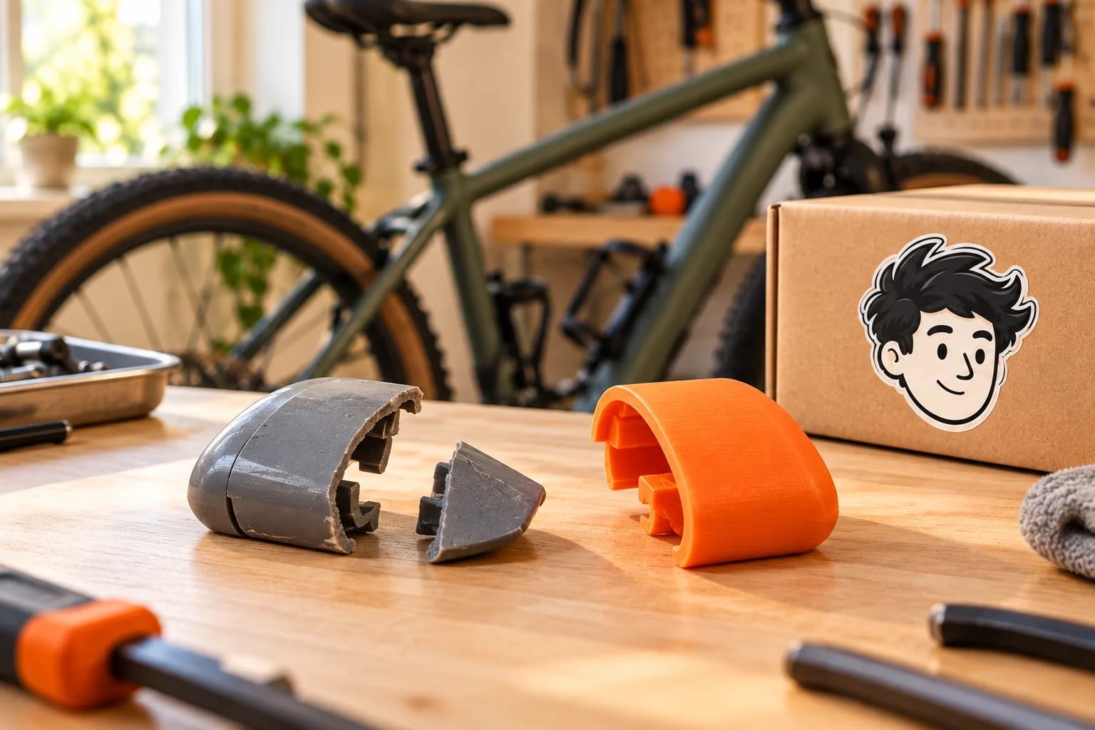 A broken cosmetic bicycle accessory cover and orange prototype on a workbench.