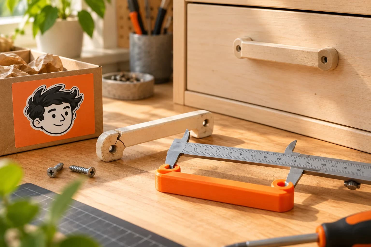 A broken drawer pull and orange prototype with calipers measuring the fixing centres.