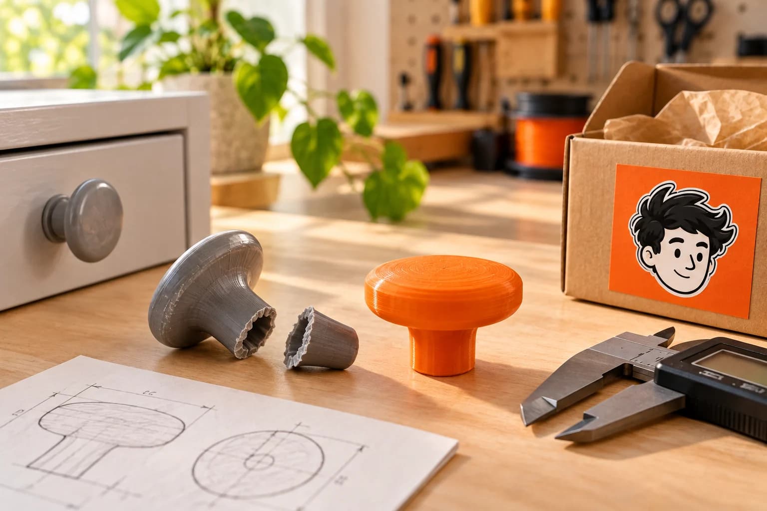 A broken plastic knob, an orange prototype and calipers on a FRED workbench.