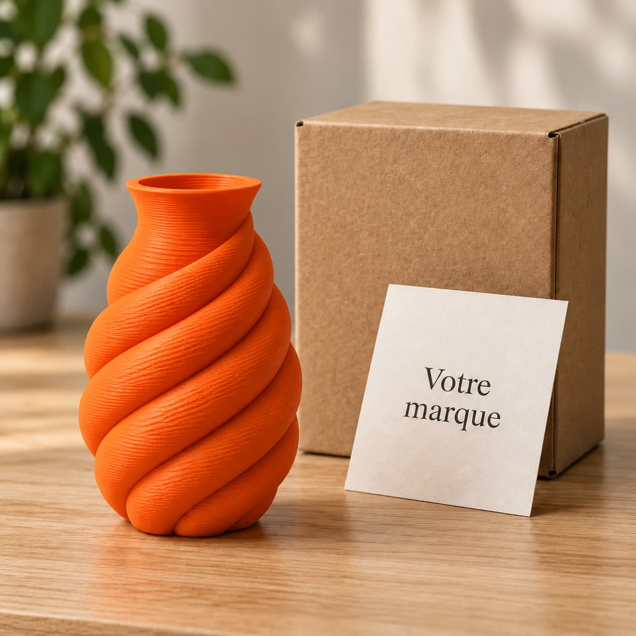 Illustration du vase orange avec un colis et un insert au nom de votre marque.