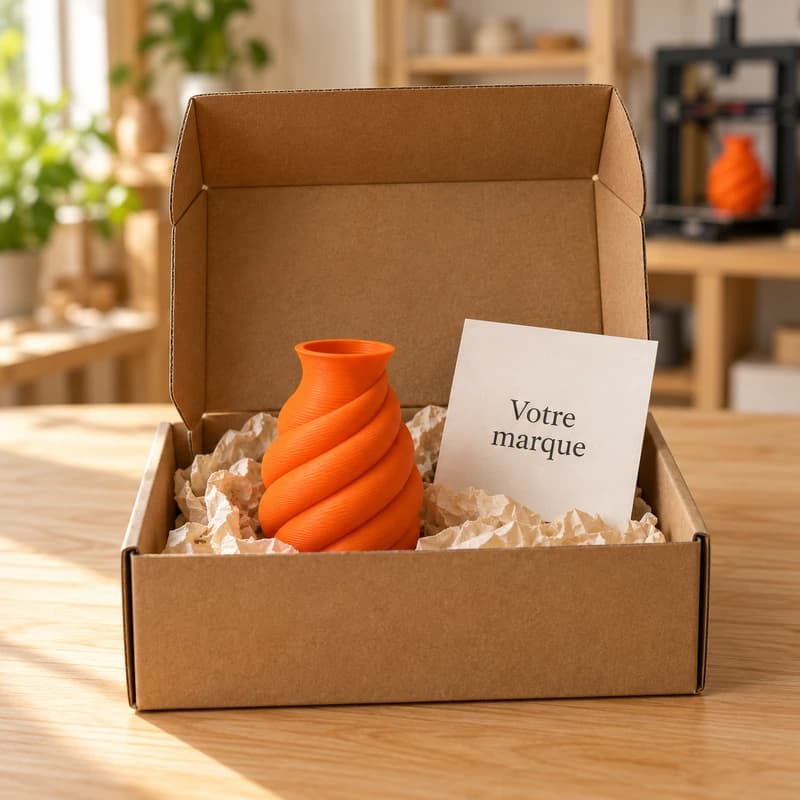 Illustration du vase protégé dans un colis avec un insert de marque.